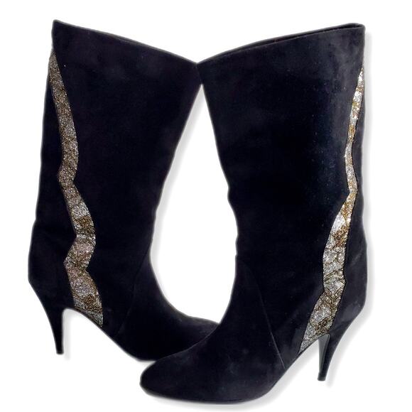 VTG 80s Polly Bergen Black Glitter Suede Boot 8 Heels Italy Glam Slouch Cocktail - Picture 2 of 12